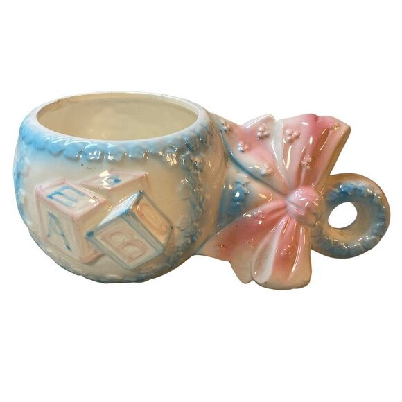Vintage WALES Japan Baby Planter Pastel Rattle Ceramic Nursery Newborn Bow - Picture 1 of 4